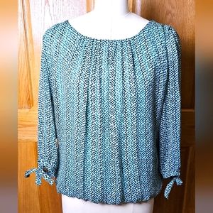 Roz & Ali pleated lined blouse, teal contemporary pattern. Woman's Medium